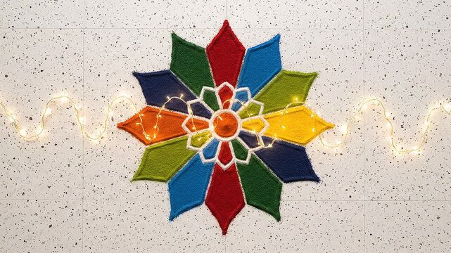Traditional Indian Rangoli Art with Geometric Pattern and Colorful Design