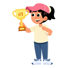 Joyful Young Girl Wearing Pink Cap and White T-Shirt Holding a Golden Trophy With Number One Label Celebrating Victory And Achievement In Cartoon Style Isolated On Transparent Background
