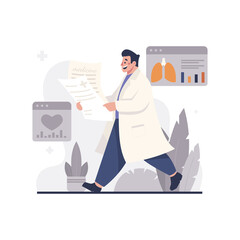 Doctor In White Lab Coat Walking While Holding Medical Chart with Heartbeat and Lung Graphics in Background