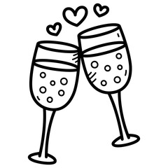 Doodle Style Black and White Drawing of Two Champagne Glasses Clinking Together with Hearts Floating Above on Transparent Background
