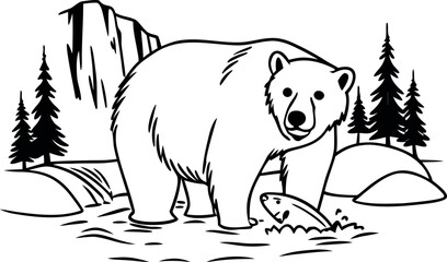 Bear Catching Fish Line Art Coloring Page
