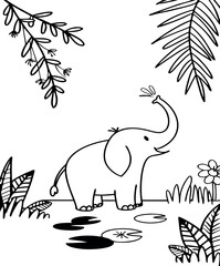 Playful Elephant Spraying Water Line Art Coloring Page