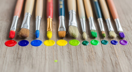 Closeup of colorful paintbrushes with corresponding paint drops on wood, showcasing artistic tools and vibrant hues for creative expression