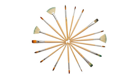Circular arrangement of artist paint brushes isolated on white background, creating a visually appealing pattern with their wooden handles and soft bristles