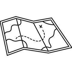 Flat Doodle Style Open Map with Dashed Line Path and X Mark Indicating Destination on Transparent Background Line Art Illustration