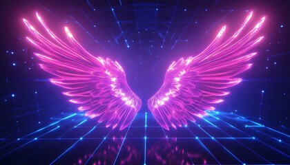 A pair of vibrant pink wings with a neon glow are presented against a dark blue background with a grid pattern, creating a visually striking contrast.
