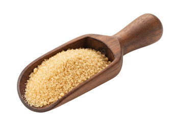 Isolated wooden scoop of brown sugar crystals, unrefined sweetener and an ingredient