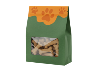 Isolated bag of dog treats or snacks displayed in a paper bag with paw prints pattern on top
