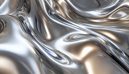 The illustration shows a digitally created image of a flowing silver liquid with highlights and reflections, suggesting movement and fluidity.