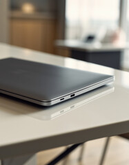 Sleek closed laptop on a white desk in a modern office setting