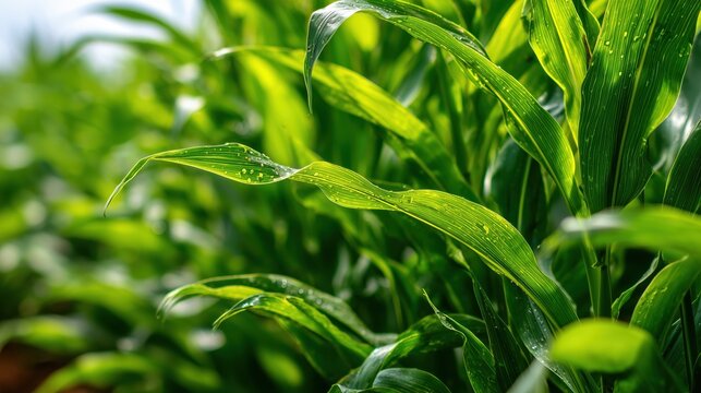 Close-up of Corn Leaves with Water Droplets