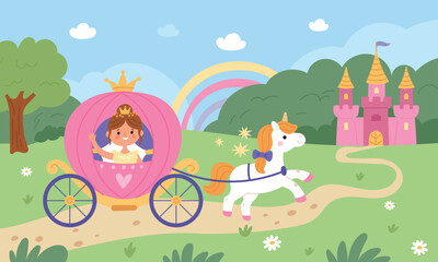 Princess in carriage. Fairy kingdom landscape, pretty girl in crown, chariot with funny unicorn, road to royal castle, fairytale character cartoon flat isolated garish vector concept