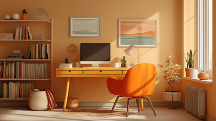 Home office workspace desk shown in panoramic view with productivity elements
