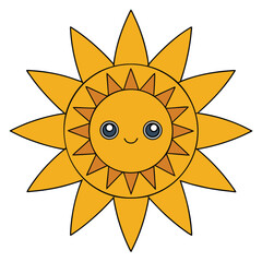Vector art of a cheerful cartoon sun with a cute face, radiating warmth and happiness, its vibrant colors and playful design evoke a sense of joy and positivity