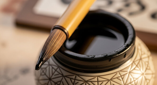 A closeup shot of a calligraphy brush resting on an ink stone, highlighting the tools used in traditional east asian writing and art forms - Powered by Adobe