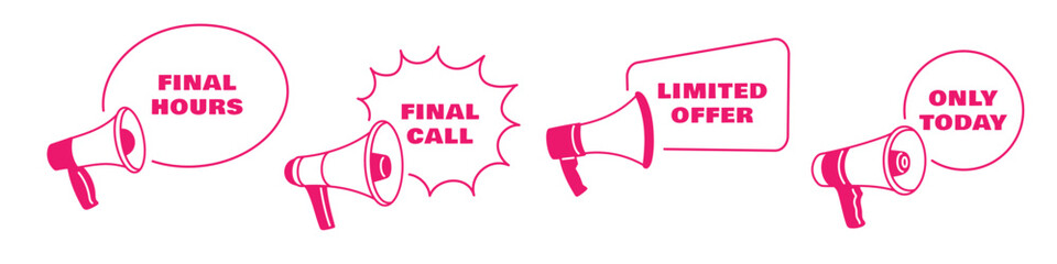 Megaphone labels. Monochrome pink speaker icons, advertising and promotional text, marketing moves, loud sound devices, silhouette loudspeakers with speech bubbles, garish vector set