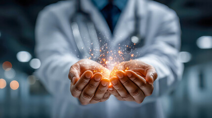 Medical professional demonstrates care and healing energy in a clinical setting with glowing particles in hands