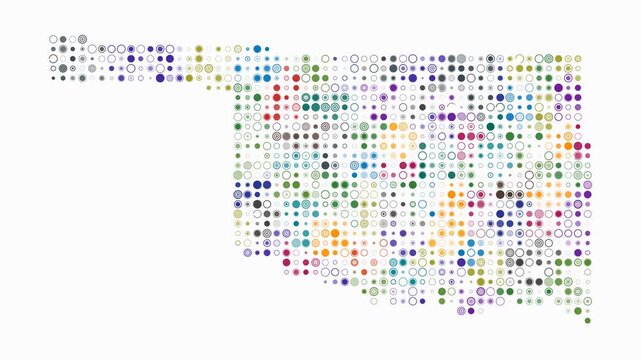 Oklahoma animated shape. Pulsating colored dots on the map of the state. Small size circle blocks. Digital style Oklahoma map on white background. Simple animation video.