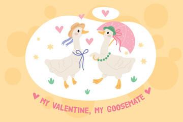 Geese couple in love. Cute romantic birds in pretty hats, funny female and male character, valentines day holiday card design, first date, cartoon isolated garish vector concept