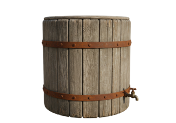Isolated aged wooden barrel with a brass faucet for serving beverages like wine or beer