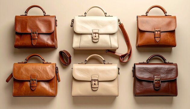 Collection Of Six Leather Handbags With Stud Embellishments And Buckle Closures In Various Earth Tones Arranged On A Neutral Background In An Overhead Composition
