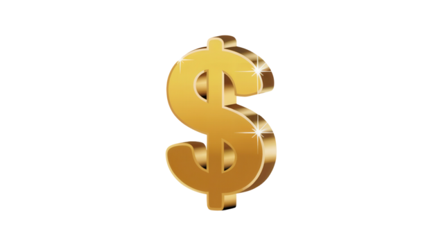 Shiny golden dollar sign symbol representing wealth and currency isolated on transparent background