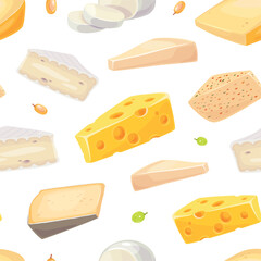 Cheese types seamless pattern. Repeated farm dairy products, different varieties, gourmet food, brie, maasdam, kitchen textile, wrapping paper, packaging. Print classy vector background