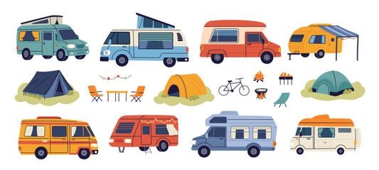 Naklejka premium Cartoon campers. Different types vans, trailers, summer trucks and caravans, holiday recreational vehicles, camping vacation travel adventure cartoon flat style isolated garish vector set