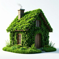 Eco-friendly house covered in green plants with chimney