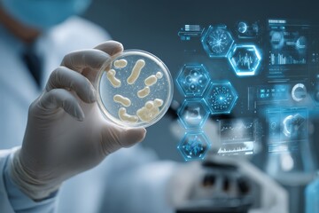 Lab researcher analyzing bacteria with digital interface technology
