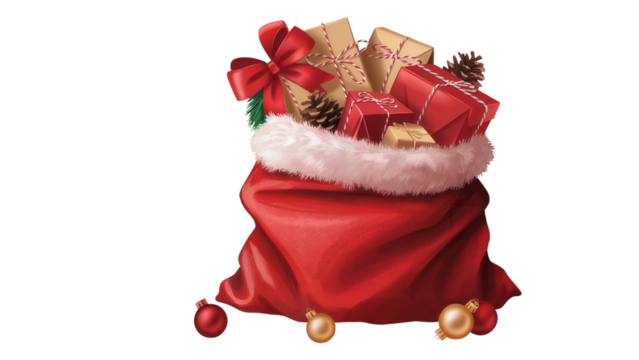 Full red santa claus sack overflowing with beautifully wrapped christmas presents and pine cones isolated on transparent background