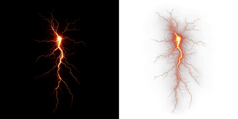Lightning bolt illustration with vibrant orange and yellow hues, showcasing intricate branches and electric energy, ideal for dynamic design projects and creative overlays