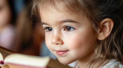 Young caucasian girl reading a book with focused expression. International Literacy Day