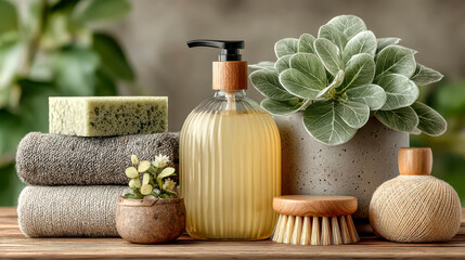 Natural skincare setup with towels, plants, and bath accessories in a serene environment