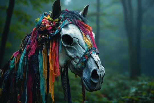 Whimsical horse skull adorned with colorful fabrics in forest. Mari Lwyd