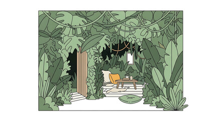 Cozy hideaway nook nestled within a dense and lush tropical jungle