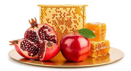 Pomegranate, apple, and honeycomb isolated on white background