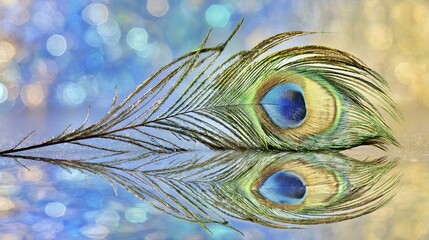 Fototapeta premium peacock. A close-up of a peacock feather against a mirrored surface with iridescent blue-green tones. wildlife magazines, conservation campaigns, designed for wildlife conservation campaigns.