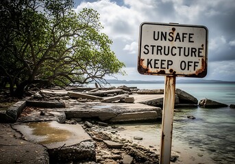 Unsafe structure keep off warning sign near the ocean