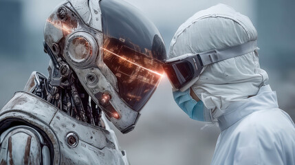 Robot and scientist share a moment of connection in a futuristic setting during the day