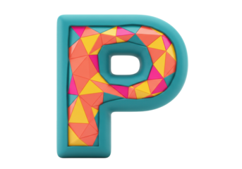 Isolated 3D-rendered teal letter P with polygonal geometric fill in hues of orange, yellow, pink