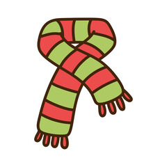 Doodle style winter scarf with red and green stripes and tassels on a transparent background