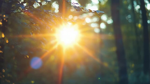 Sunlight beaming through forest canopy with bokeh