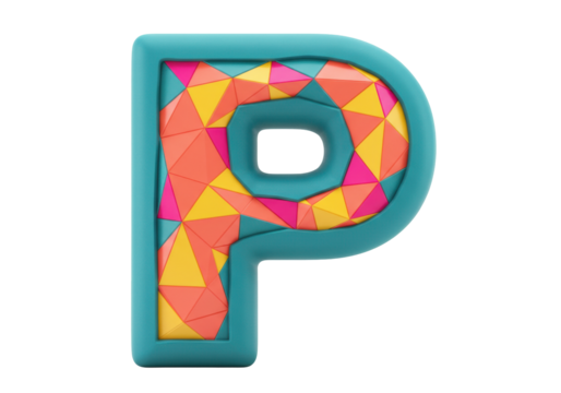 Isolated 3D-rendered teal letter P with polygonal geometric fill in hues of orange, yellow, pink