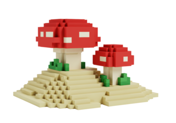 Isolated Pixel Art Mushroom Diorama with Red and White Caps and Beige Base Platform