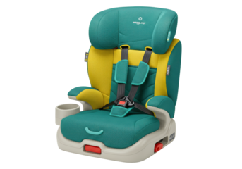 Isolated bright booster seat provides safety in transportation for children on trips