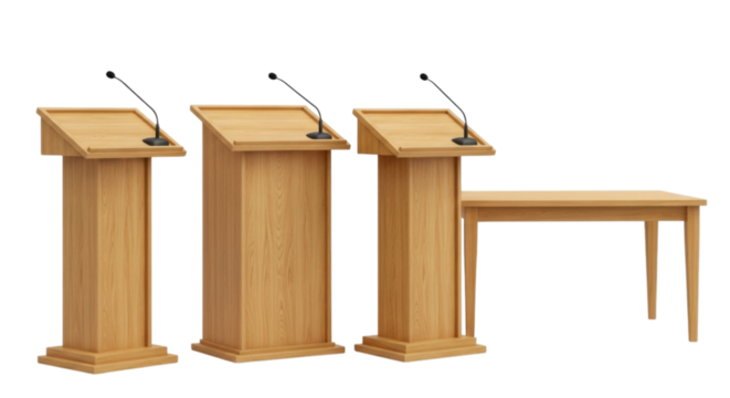 Wooden podiums with microphones arranged in a row and a separate table for presentations transparent background, cutout PNG