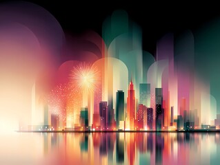 Stylized city skyline with fireworks, modern New Year greeting card