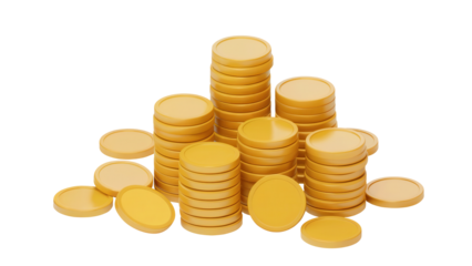 A tall stack of golden round coins piled high in a pyramid formation isolated on transparent background
