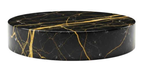 Elegant round black marble table with striking gold veining, transparent background, cutout PNG